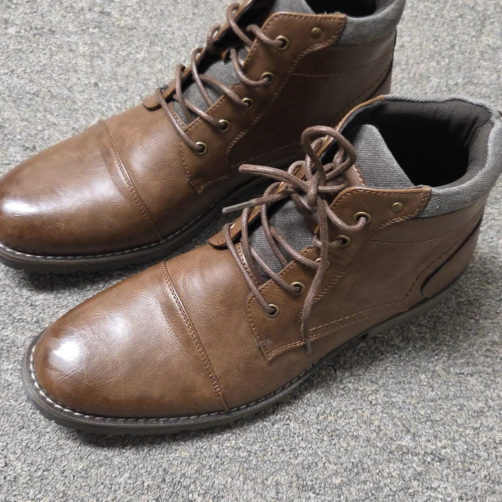 Vostey Men's Brown Leather Motorcycle Cap Toe Chukka Boots